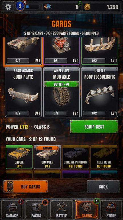 The car's deck of part cards